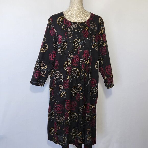 Gudrun Sjoden Dresses & Skirts - Gudrun Sjoden Women SZ S Black Floral Print 3/4 Sleeve Cotton Pleat Tunic Dress